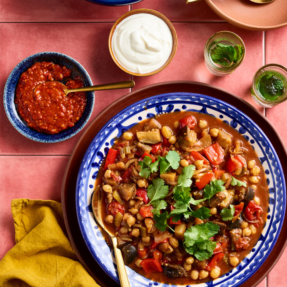 Eggplant and chickpea tagine with steamed couscous